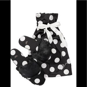 Rare Victoria Secret In A Carry Bag.Fur Trim Black W/ White Polka Dot Slippers